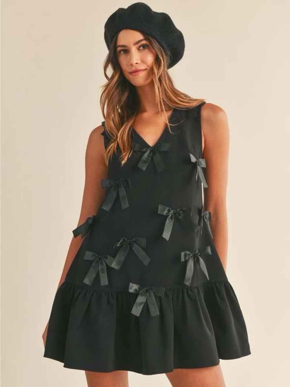 Mabel New Size Large Black Francesca Satin Bow Embellished Sleeveless Mini Dress - Picture 4 of 14